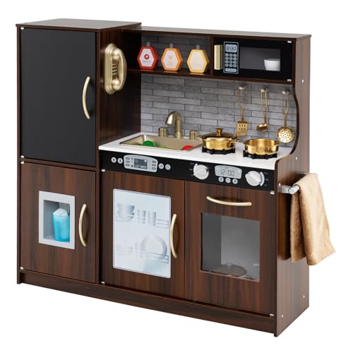 GOPLUS Kinderküche aus Holz, Kinderspielküche mit Mikrowellen, Backofen, Wasserbecken, Kreidetafel & Eismaschine, Stabiler Spielküche mit Spielzubehör, für Kinder 3-6 Jahre (Braun) von GOPLUS