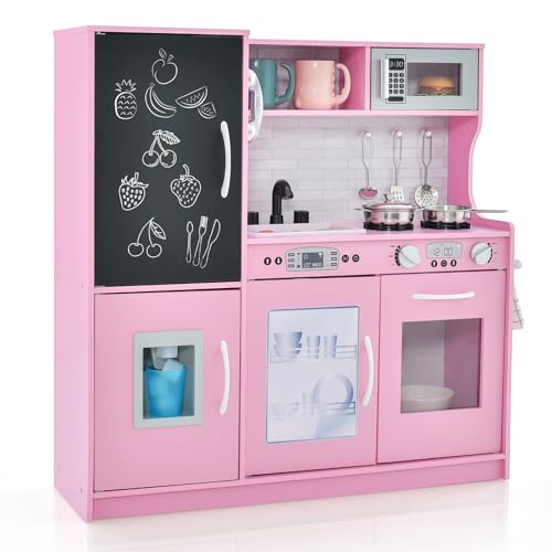 GOPLUS Kinderküche aus Holz, Kinderspielküche mit Mikrowellen, Backofen, Wasserbecken, Kreidetafel & Eismaschine, Stabiler Spielküche mit Spielzubehör, für Kinder 3-6 Jahre (Rosa) von GOPLUS