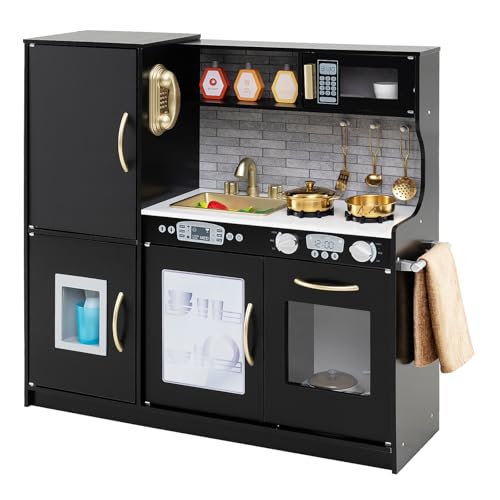 GOPLUS Kinderküche aus Holz, Kinderspielküche mit Mikrowellen, Backofen, Wasserbecken, Kreidetafel & Eismaschine, Stabiler Spielküche mit Spielzubehör, für Kinder 3-6 Jahre (Schwarz) von GOPLUS