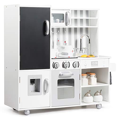 GOPLUS Kinderküche aus Holz, Realistische Spielzeugküche mit Kochgeräuschen, Tafel, Abnehmbarer Spüle, Herd & Backofen, Weiße Spielküche mit 7-teiligem Küchenzubehör für Kinder ab 3 Jahre von GOPLUS