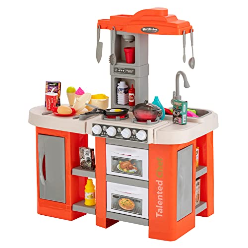 GOPLUS Kinderküche mit 67 Zubehör, Kinderspielküche mit Sound und Licht, Kochherd mit Sprüh- und Dampffunktion, Kinder-Küchenspielset Spielzeugküche für Kinder ab 3 Jahren (Orange) von GOPLUS