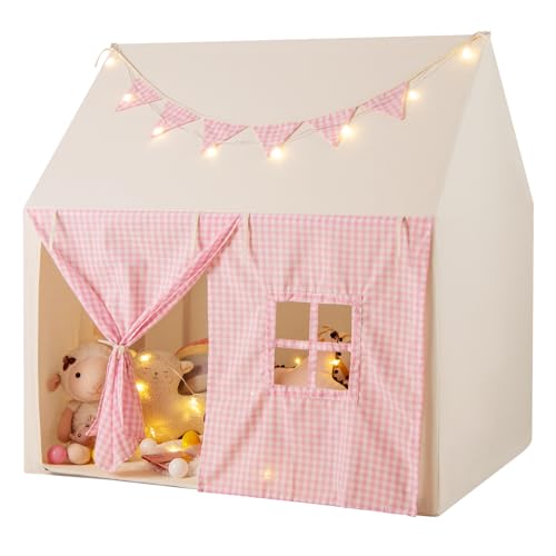 GOPLUS Kinderspielzelt, Spielzelt mit gepolsterter Matte, Sternenlichtern & Karierten Wimpeln, Spielhaus für drinnen & draußen mit Fenstern, Türen & Seitentaschen für Kinder ab 3 Jahren (Rosa) von GOPLUS