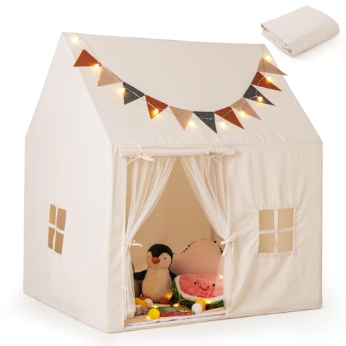 GOPLUS Kinderzelt Indoor, Spielhaus mit waschbarem Polsterteppich, Lichterkette und Fahnen, Spielzelt mit Mesh-Vorhängen für 3 Kinder ab 3 Jahren, 123 x 107 x 137 cm, Beige GOPLUS Kinderzelt Indoor, Spielhaus mit waschbarem Polsterteppich, Lichterkette und Fahnen, Spielzelt mit Mesh-Vorhängen für 3 Kinder ab 3 Jahren, 123 x 107 x 137 cm, Beige von GOPLUS