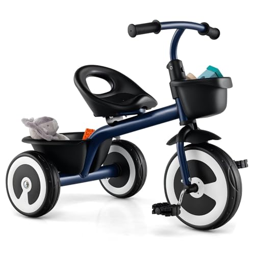 GOPLUS Laufrad für Kinder, Dreirad mit verstellbarem Sitz & 2 Körben vorne und hinten, 3-Rad Kinderfahrrad aus robustem Carbon-Eisenrahmen und Dreiecksstruktur für Kinder von 2-5 Jahren (Blau) von GOPLUS