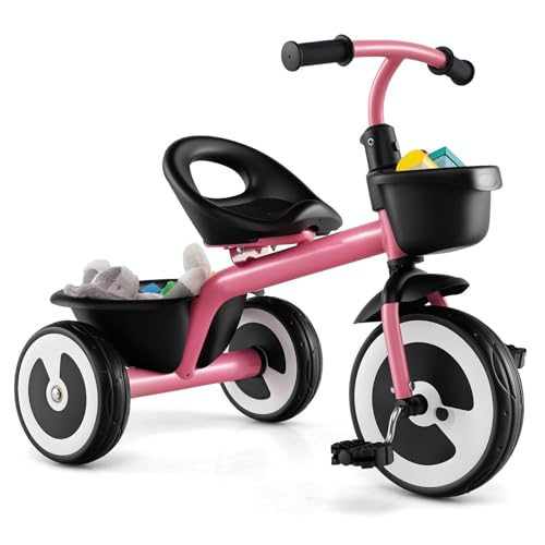 GOPLUS Laufrad für Kinder, Dreirad mit verstellbarem Sitz & 2 Körben vorne und hinten, 3-Rad Kinderfahrrad aus robustem Carbon-Eisenrahmen und Dreiecksstruktur für Kinder von 2-5 Jahren (Rosa) von GOPLUS