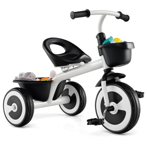 GOPLUS Laufrad für Kinder, Dreirad mit verstellbarem Sitz & 2 Körben vorne und hinten, 3-Rad Kinderfahrrad aus robustem Carbon-Eisenrahmen und Dreiecksstruktur für Kinder von 2-5 Jahren (Weiß) von GOPLUS