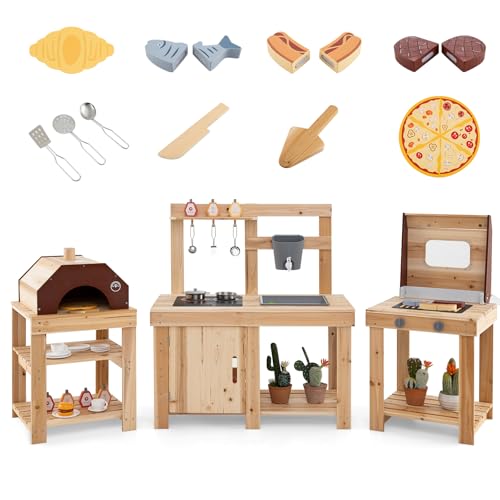 GOPLUS Matschküche Kinder Outdoor, 3 in 1 Spielküche Set, Gartenküche mit Grill, Pizzaofen & Spüle, Kinderspielküche mit Kochutensilien und simulierten Lebensmitteln, Kinderküche Holz von GOPLUS