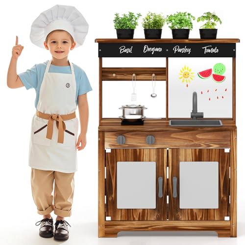 GOPLUS Matschküche Kinder Outdoor, Spielküche aus Tannenholz, Kinderküche mit 4 Kochzubehör & Pflanztöpfen, Spielküchen mit Kreidetafel, Spüle & Kochfeldern, Gartenküche für Kinder ab 3 Jahren von GOPLUS