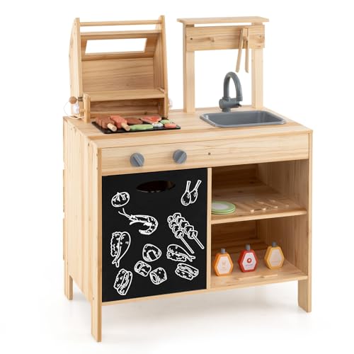 GOPLUS Matschküche Kinder mit Tafel, Kinder BBQ Grill Spielset mit Spielzeugessen, Grillwerkzeugen und Gewürzflaschen, Spielküche Kochspielset mit 27 TLG. Zubehör für Kinder ab 3 Jahren von GOPLUS