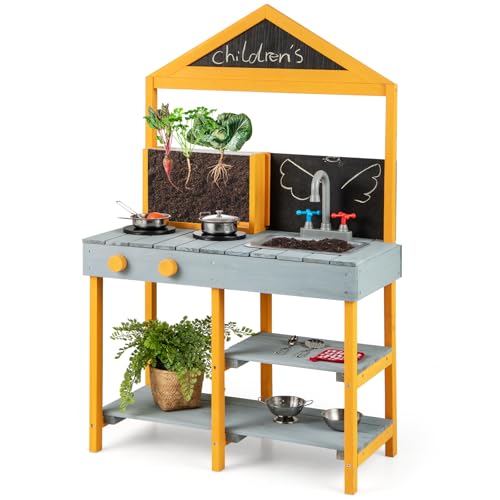 GOPLUS Matschküche für Kinder, Spielküche Kinderküche aus Holz mit 2 Tafeln, Pflanzbehälter, drehbarem Wasserhahn, abnehmbarem Waschbecken, 2 Regalen & Kochgeschirr für Kinder ab 3 Jahren (Blau) von GOPLUS