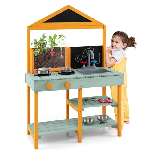 GOPLUS Matschküche für Kinder, Spielküche Kinderküche aus Holz mit 2 Tafeln, Pflanzbehälter, drehbarem Wasserhahn, abnehmbarem Waschbecken, 2 Regalen & Kochgeschirr für Kinder ab 3 Jahren (Grün) von GOPLUS