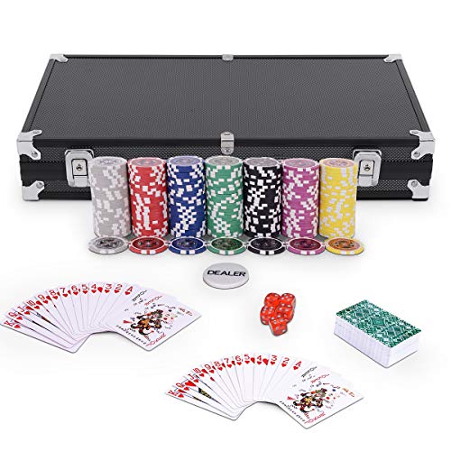 GOPLUS Pockerkoffer Pockerset 300 Chips Pockerchips Pocker Set mit Würfel Pokerkarten (schwarz) von GOPLUS