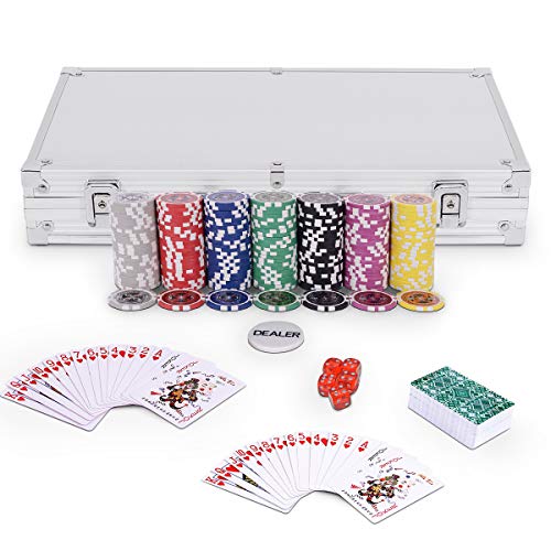 GOPLUS Pockerkoffer Pockerset 300 Chips Pockerchips Pocker Set mit Würfel Pokerkarten (Silber) von GOPLUS