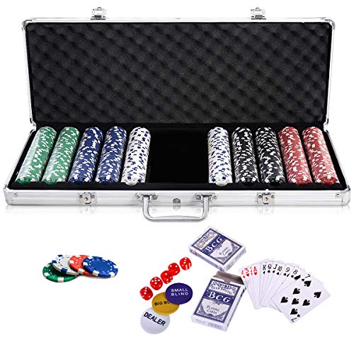 GOPLUS Pokerset mit 500 Chips, Pokerkoffer aus Alu, Poker Set mit 2 Kartendecks, 5 Würfel, Spielmatte, 5 Dealer Buttons, für Pokerspiel Partys (Silber) von GOPLUS