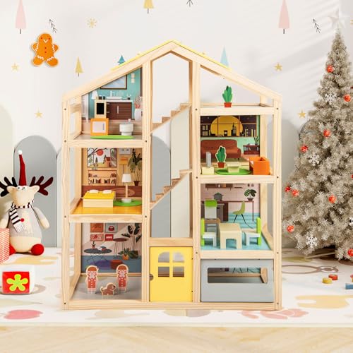 GOPLUS Puppenhaus Holz, Puppen-Villa Spielset mit 7 Räumen, 18 Möbelstücken, 2 Figuren & 1 Haustierhund, Traumvilla mit realistische Möbel, 4-stöckiges Spielzeughaus für Mädchen und Jungen ab 3 Jahren von GOPLUS