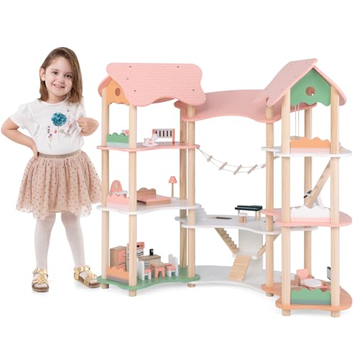 GOPLUS Puppenhaus auf 3 Etagen, Dollhouse mit 7 Zimmern & 32 Möbelstücken, Puppenvilla mit Strickleiter, ideal für 8–15 cm große Puppen, Puppenstube für Kinder ab 3 Jahren (Model 3) von GOPLUS