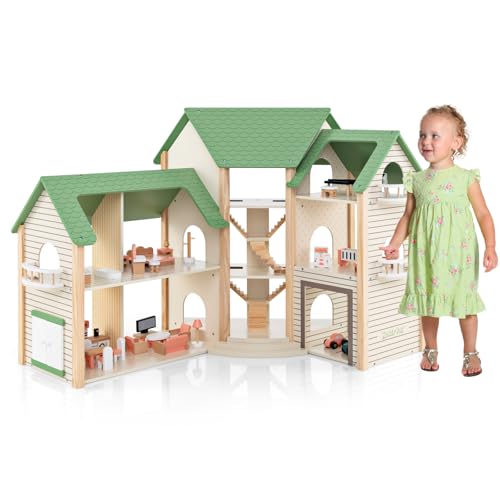 GOPLUS Puppenhaus aus Holz, Dollhouse mit 36-teiligem Zubehör, Traumhaus mit 6 Zimmern, eingebauten Treppen & Balkonen & Garage mit 2 Spielzeugautos für Mädchen ab 3 Jahren (Model 1) von GOPLUS