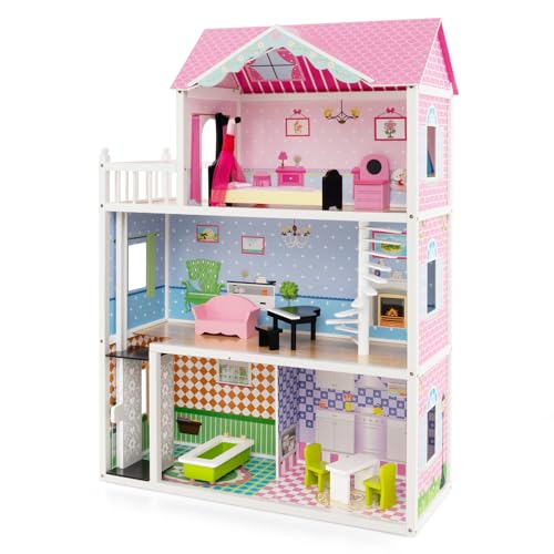 GOPLUS Puppenhaus aus Holz, Puppenstube Kinderspielhaus mit 5 Zimmern, Aufzug, reichlich Zubehör & Möbeln, Traumhaus Spielzeug Geschenk für Kinder ab 3 Jahren, 80 x 33 x 114 cm von GOPLUS