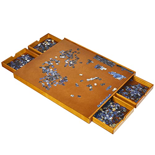 GOPLUS Puzzleplateau aus Holz, Puzzletisch mit 4 Schubladen, Puzzle-Speichersystem für 1000-1500 Stück, Puzzleunterlage mit ebener Arbeitsoberfläche, Puzzlematte, 80 x 65cm von GOPLUS