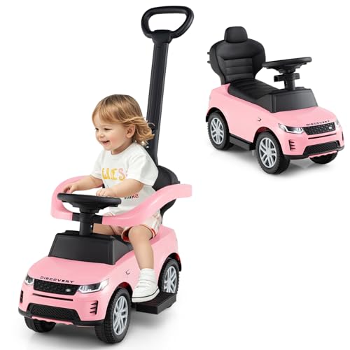 GOPLUS Rutschauto mit Schiebestange, Rutschfahrzeug mit Lenkrad, Sound, Stauraum, Spielzeugauto mit Sicherheitsbügel & Griff, Kinderauto für Kinder von 18 bis 36 Monaten (Rosa) von GOPLUS