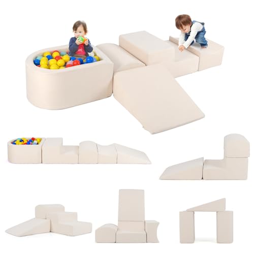 GOPLUS Schaumstoffbausteine mit Bällebad, 5-teiliges Softbausteine mit Wildlederbezug, Hochdichtes Schaumstoff, Weiche Riesenbausteine für Kleinkinder zum Klettern (Beige) von GOPLUS