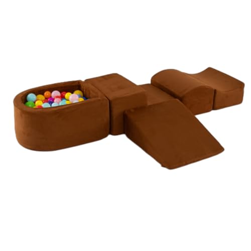 GOPLUS Schaumstoffbausteine mit Bällebad, 5-teiliges Softbausteine mit Wildlederbezug, Hochdichtes Schaumstoff, Weiche Riesenbausteine für Kleinkinder zum Klettern (Braun) von GOPLUS