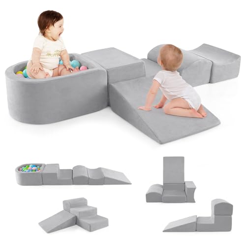 GOPLUS Schaumstoffbausteine mit Bällebad, 5-teiliges Softbausteine mit Wildlederbezug, Hochdichtes Schaumstoff, Weiche Riesenbausteine für Kleinkinder zum Klettern (Grau) von GOPLUS