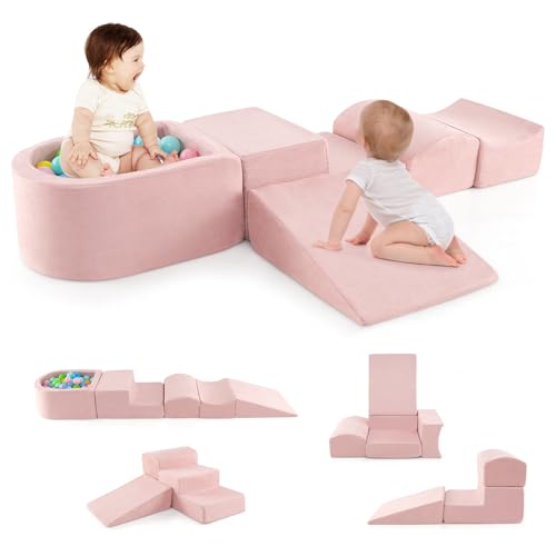 GOPLUS Schaumstoffbausteine mit Bällebad, 5-teiliges Softbausteine mit Wildlederbezug, Hochdichtes Schaumstoff, Weiche Riesenbausteine für Kleinkinder zum Klettern (Rosa) von GOPLUS