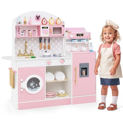 GOPLUS Spielküche für Kinder, Kinderküche mit Herd, Spüle, Kaffeemaschine, Eismaschine, Mikrowelle, Waschmaschine, Geschirrhalter, Zubehör, Holzküche für Kinder ab 3 Jahren (Rosa) von GOPLUS