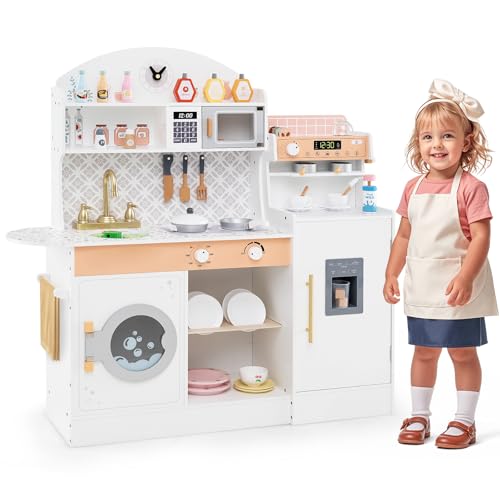 GOPLUS Spielküche für Kinder, Kinderküche mit Herd, Spüle, Kaffeemaschine, Eismaschine, Mikrowelle, Waschmaschine, Geschirrhalter, Zubehör, Holzküche für Kinder ab 3 Jahren (Weiß) von GOPLUS