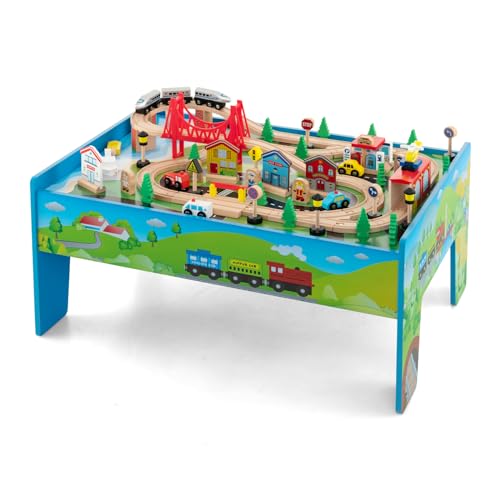 GOPLUS Spieltisch aus Holz mit 80-teiliges Eisenbahn-Set, Kinder Aktivitätstisch mit umkehrbarer Tischplatte & Eisenbahnschienen, Spielzeugtisch für Kinder ab 3 Jahren, für Kinderzimmer & Kindergarten GOPLUS Spieltisch aus Holz mit 80-teiliges Eisenbahn-Set, Kinder Aktivitätstisch mit umkehrbarer Tischplatte & Eisenbahnschienen, Spielzeugtisch für Kinder ab 3 Jahren, für Kinderzimmer & Kindergarten von GOPLUS