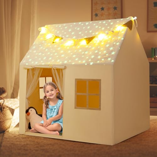 GOPLUS Spielhaus Kinder Indoor, Spielzelt mit gepolstertem Teppich, Stern-Lichterkette, phosphoreszierendem Stoff, Fähnchen & 2 Fenstern, Kinderspielhaus mit Vorhang für Kinder ab 3 Jahren (Beige) von GOPLUS