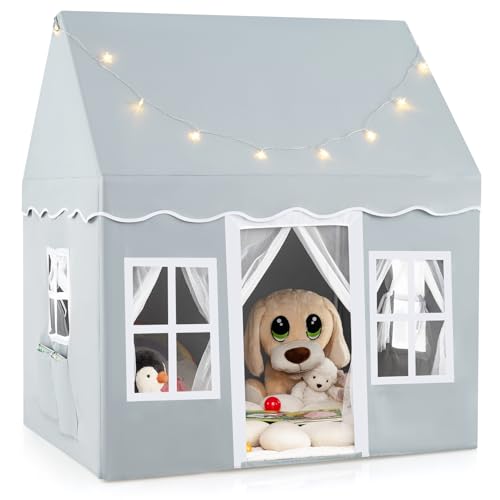 GOPLUS Spielzelt für Kinder, Kinderspielhaus mit Sternenlichtern, Rutschfester Matte, Belüfteten Fenstern, Kinderzelt für 3 Kinder/2 Erwachsene, Einfach aufzubauen & zu waschen (Grau) von GOPLUS