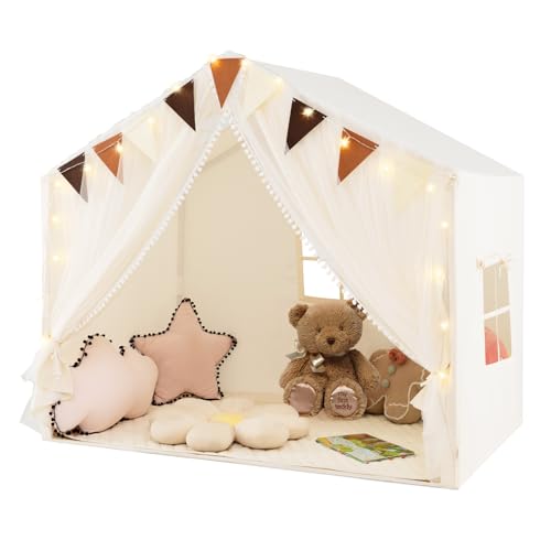 GOPLUS Spielzelt für Kinder, großes Spielhaus mit Türvorhängen, Fenstern, Sternenlichtern, bunten Flaggen & gepolsterter Matte, waschbares Kinderzelt für Kinder ab 3 Jahren (Beige) von GOPLUS