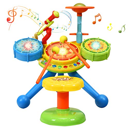 GOPLUS Trommel Spielzeug Musikinstrumente für Kleinkinder, Elektronisches Schlagzeug inkl. 2 Trommelstöcken, Flash Light und Mikrofon, Geschenkidee für Kinder ab 3 Jahren, Trommel Set mit Sitzhocker von GOPLUS