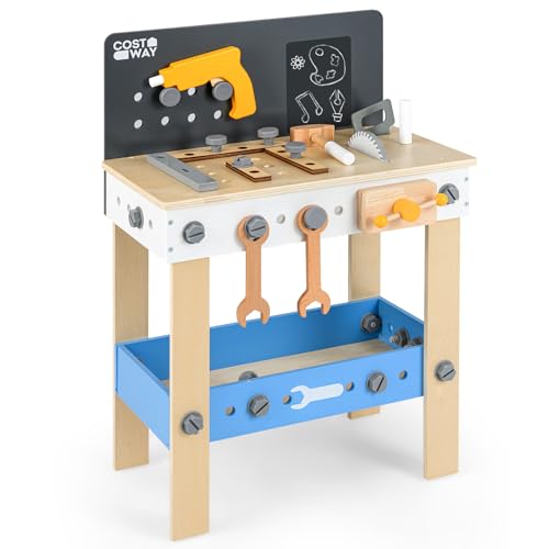 GOPLUS Werkzeugbank Kinder, Spielwerkbank mit Werkzeugregal & Tafel, mit Werkzeugen Set, Kinderwerkbank aus Holz für Kinder ab 3 Jahren von GOPLUS