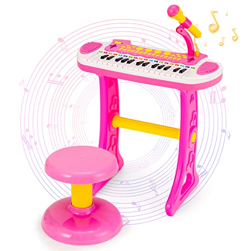 Goplus Klaviertastatur mit 37 Tasten für Kinder, elektronisches Spielzeug mit Hocker und Mikrofon, Lerninstrumente tragbar mit Licht, Geschenk für Kinder (Rosa) von GOPLUS