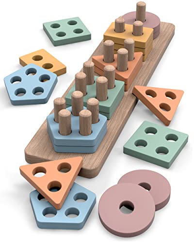 GOPO TOYS Montessori Toys for 18+ Months Old - Toddlers Wooden Sorting and Stacking Toys for Baby Boys and Girls - Shape Sorter and Color Stacker Preschool Kids Wood Gifts (Style A) von GOPO TOYS