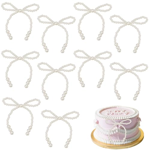 GORGECRAFT 10 Stück Perlenschleifen Kuchenaufsatz Weiße Kunststoffperlen Perlen Kokette Schleife Schleife Krawatte Geburtstag Cupcake Dekoration Topper Für Hochzeiten Brautpartys Valentinstag Duschen von GORGECRAFT