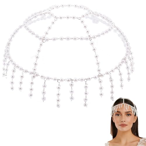 GORGECRAFT 1920er Jahre Perlenkopfschmuck Flapper Cap weiß Kunststoff Vintage Brautschmuck brüllender 20er Jahre Gatsby Flapper Perlenkrone, Kopfkette für Hochzeit, Kostüm, Art-Deco, Party von GORGECRAFT