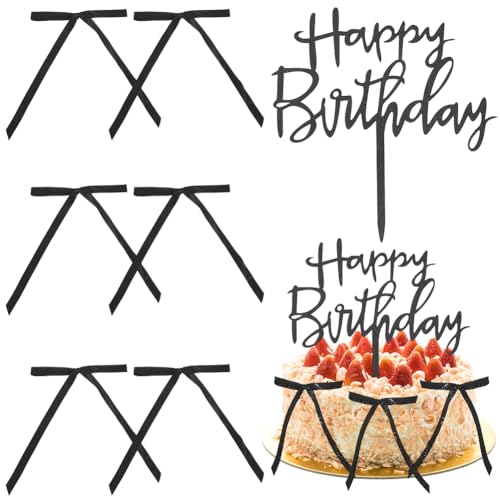 GORGECRAFT 5 Stück „Happy Birthday“ Cupcake Topper Schwarzes Acryl Food Picks Schild Kuchen Topper Dekorationsset Mit 30 Stück Polyester Spitzenschleifen Zum Feiern von Jubiläumspartys von GORGECRAFT