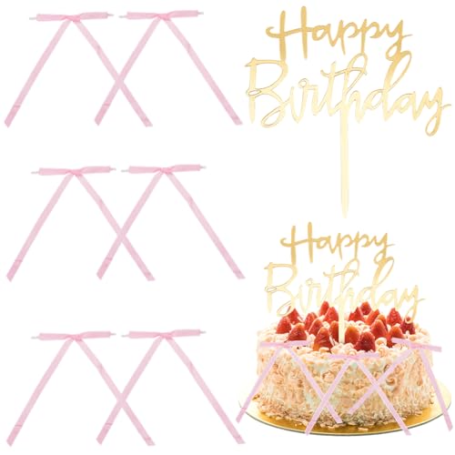 GORGECRAFT 5 Stück Goldener „Happy Birthday“ Kuchenaufsatz Aus Acryl Lebensmittelspieße Schild Cupcake Aufsatz Dekorationsset Mit 30 rosa Schleifen Aus Polyesterspitze Zum Feiern von Jubiläumspartys von GORGECRAFT
