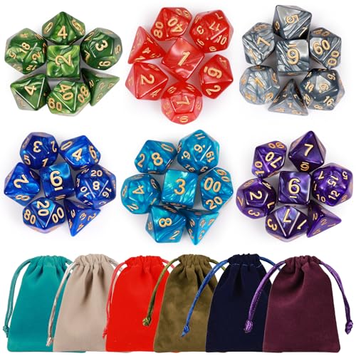 DND-Würfel-Set, 6 x 7 (42-teilig), polyedrisches Würfel-Set mit 6 Taschen mit Kordelzug, für Dungeon and Dragons, MTG-Tischspiele, RPG, 6-teiliges Würfel-Set, enthält D4, D6, D8, D10, D%, D12, D20 von GOTDYBST