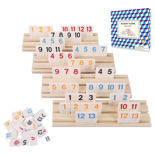Rummy Cube Spiel mit 106 großen Zahlenplättchen-Set, 4 Holz-Ablagebänkchen & Würfel - Familien-Brettspiele für Erwachsene & Kinder, Reisegröße Rummy Spiele für 2-4 Spieler, unterhaltsames Spiel von GOTHINK