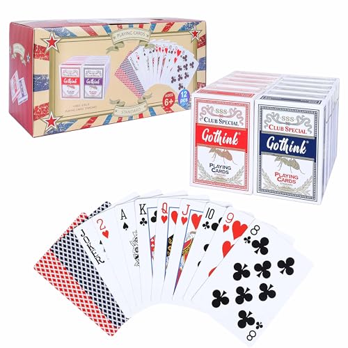 12er-Pack Standard-Spielkarten mit Kunststoffüberzug im Pokerformat – 6 rote und 6 Blaue Decks – Papier mit blauem Kern, Kasino-Qualität, Spielzeug-Geschenk für Familienspiele und Poker von GOTHINK