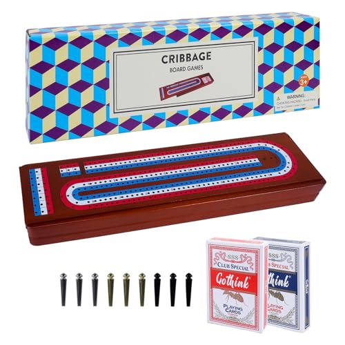 15 Zoll große hölzerne Cribbage Board Game Set, 3-Track-Anzeigetafel mit großen Schlitzen für die Speicherung von 2 Spielkarten und 9 Metall Pegs, Spaß Familie Abend Tischspiel Portable Travel Games von GOTHINK