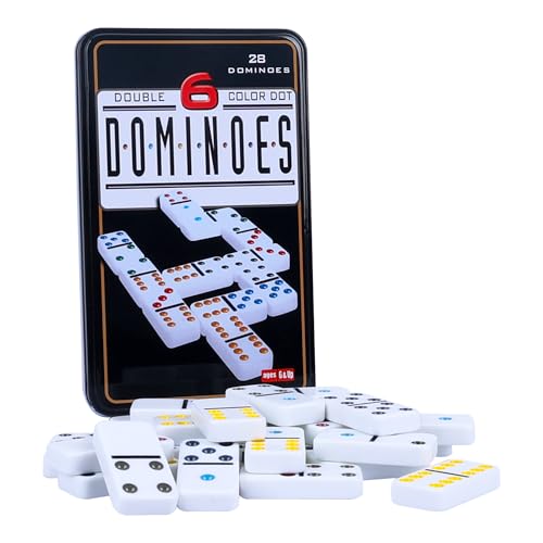 Doppel-6 Dominospiel für Erwachsene mit Aufbewahrungsdose aus Blech - 28 Steine Bunte Punkte Domino Spieleset für Familienabend Geschenk Reisespiel - Klassisches Partyspiel ideal für 2-4 Spieler von GOTHINK
