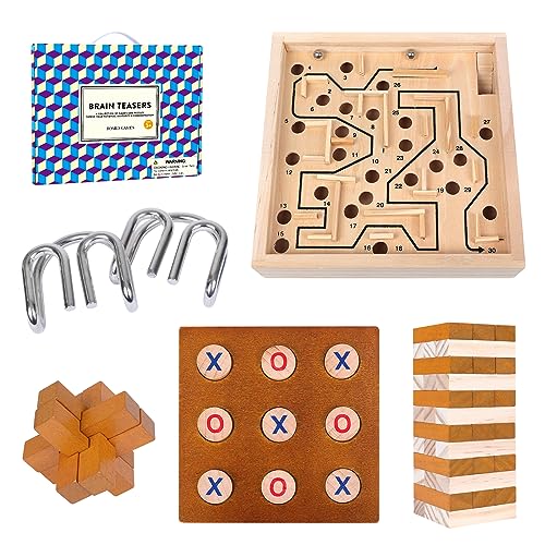 GOTHINK 5 in 1 Board Game with Wooden Brain Teaser Puzzles, Metal Brain Teaser Puzzles, Labyrinth, Wooden Stacking Tower, and Tic Tac Toe Toy Games, Board Games for Kid and Adults, Party Family Game von GOTHINK