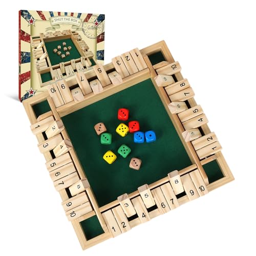 GOTHINK Schließen Sie die Box Würfel Spiel mit 8pcs Würfeln 12 Zoll Traditionelle hölzerne Tabelle Mathematik Brettspiel 10 Zahlen für Kinder Erwachsene, Familie oder Pub Bar 1-4 Spieler von GOTHINK