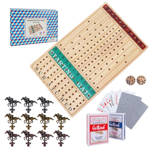 Pferderennen brettspiel, Horse Race Board Game, Hochwertige, haltbare, Faltbare Holzbox, Pferderennspiel mit 11 Retro-Metallpferden, 2 Würfeln und 2 Spielkarten, Familienspiele (Colorful Board) von GOTHINK